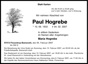Traueranzeige von Paul Hogrebe von Tageszeitung