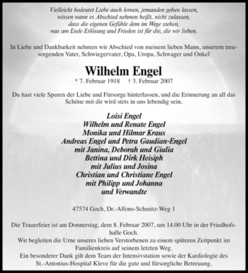 Traueranzeige von Wilhelm Engel von Tageszeitung