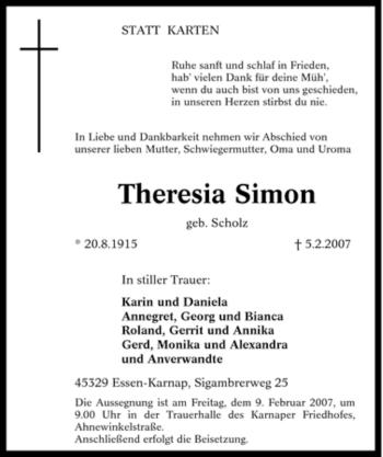 Traueranzeige von Theresia Simon von Tageszeitung