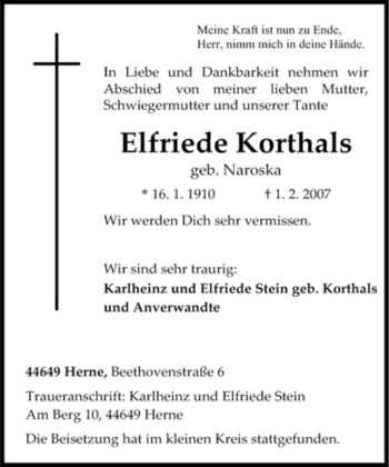 Traueranzeige von Elfriede Korthals von Tageszeitung