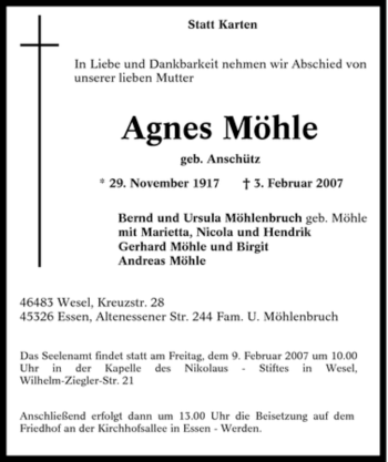 Traueranzeige von Agnes Möhle von Tageszeitung