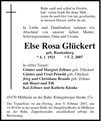 Traueranzeige von Else Rosa Glückert von Tageszeitung