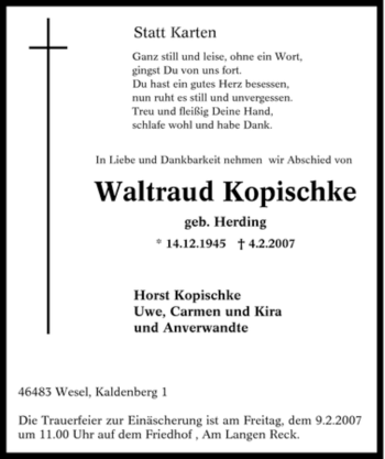 Traueranzeige von Waltraud Kopischke von Tageszeitung