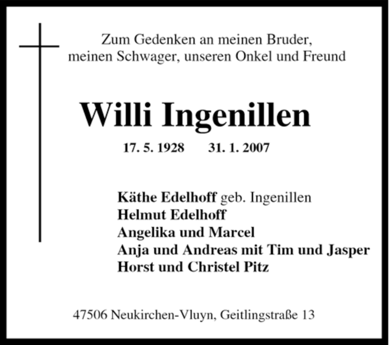  Traueranzeige für Willi Ingenillen vom 07.02.2007 aus Tageszeitung
