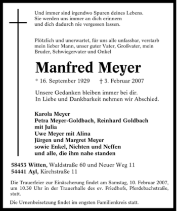 Traueranzeige von Manfred Meyer von Tageszeitung