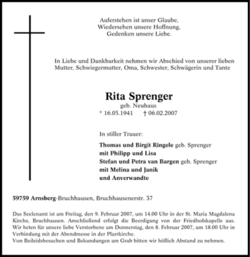 Traueranzeige von Rita Sprenger von Tageszeitung