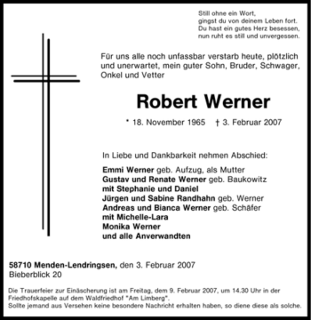 Traueranzeige von Robert Werner von Tageszeitung