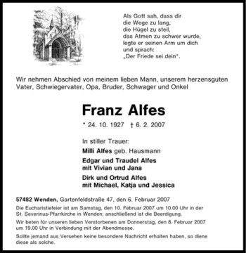 Traueranzeige von Franz Alfes von Tageszeitung