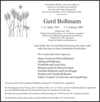 Traueranzeige von Gerd Boßmann von Tageszeitung