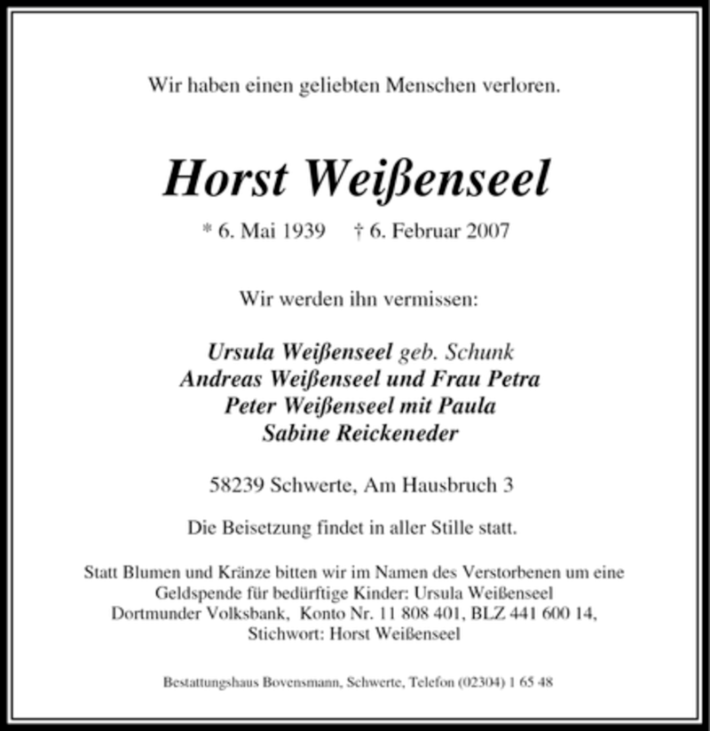  Traueranzeige für Horst Weißenseel vom 07.02.2007 aus Tageszeitung