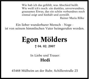 Traueranzeige von Egon Mölders von Tageszeitung