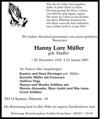 Traueranzeige von Hanny Lore Müller von Tageszeitung