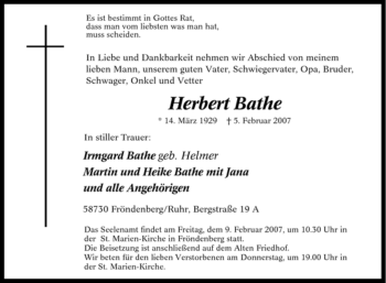 Traueranzeige von Herbert Bathe von Tageszeitung