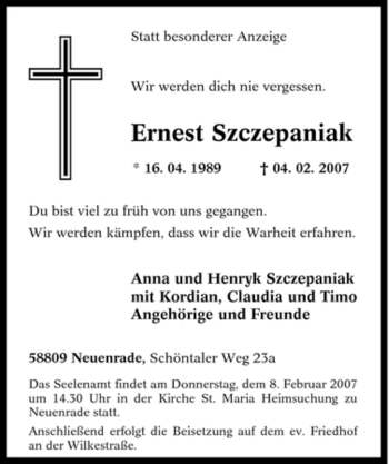 Traueranzeige von Ernest Szczepaniak von Tageszeitung