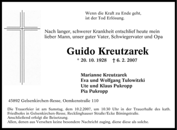 Traueranzeige von Guido Kreutzarek von Tageszeitung