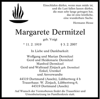 Traueranzeige von Margarete Dermitzel von Tageszeitung