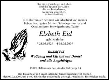 Traueranzeige von Elsbeth Eid von Tageszeitung
