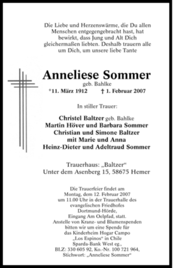 Traueranzeige von Anneliese Sommer von Tageszeitung