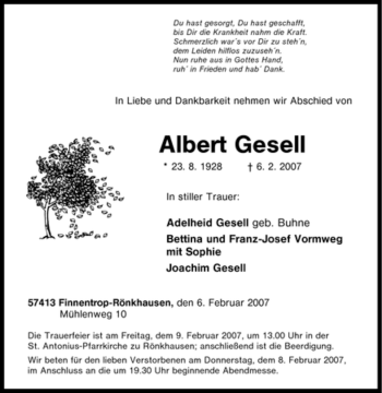Traueranzeige von Albert Gesell von Tageszeitung