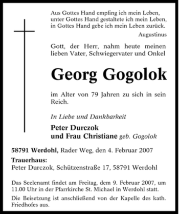 Traueranzeige von Georg Gogolok von Tageszeitung