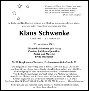 Traueranzeige von Klaus Schwenke von Tageszeitung