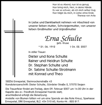 Traueranzeige von Erna Schulte von Tageszeitung