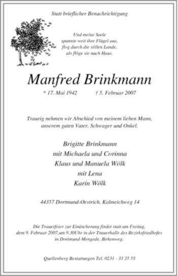 Traueranzeige von Manfred Brinkmann von Tageszeitung