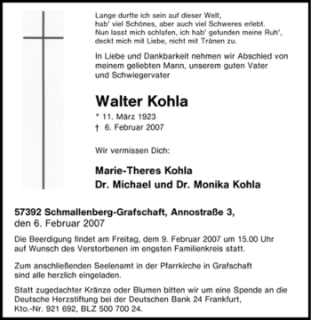 Traueranzeige von Walter Kohla von Tageszeitung