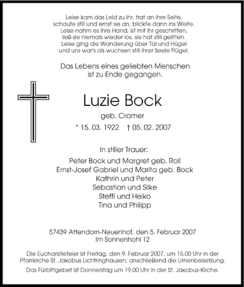 Traueranzeige von Luzie Bock von Tageszeitung