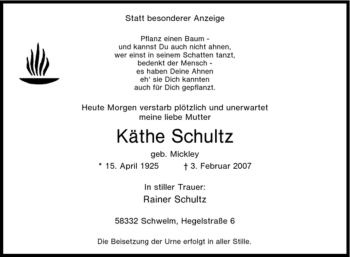 Traueranzeige von Käthe Schultz von Tageszeitung