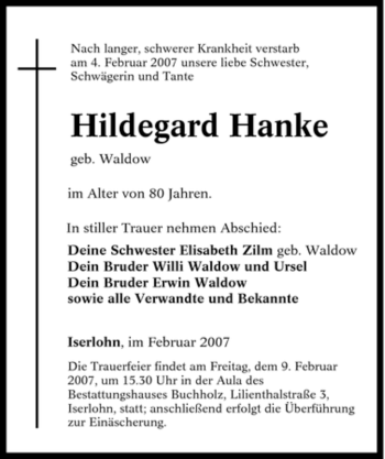 Traueranzeige von Hildegard Hanke von Tageszeitung