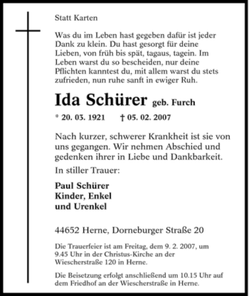 Traueranzeige von Ida Schürer von Tageszeitung