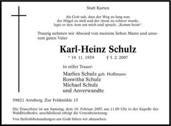 Traueranzeige von Karl-Heinz Schulz von Tageszeitung