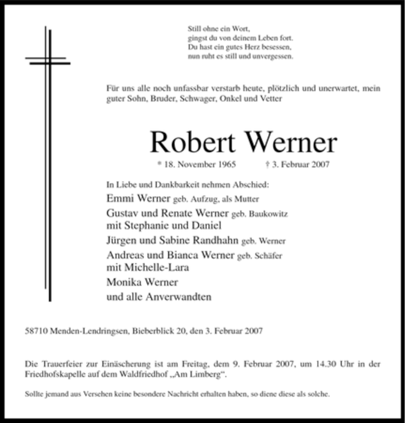 Traueranzeige für Robert Werner vom 07.02.2007 aus Tageszeitung