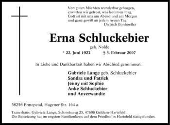Traueranzeige von Erna Schluckebier von Tageszeitung