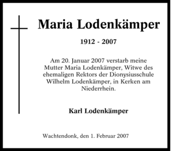 Traueranzeige von Maria Lodenkämper von Tageszeitung