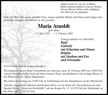 Traueranzeige von Maria Arnoldt von Tageszeitung