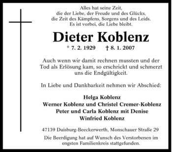 Traueranzeige von Dieter Koblenz von Tageszeitung