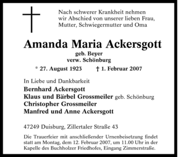 Traueranzeige von Amanda Maria Ackersgott von Tageszeitung