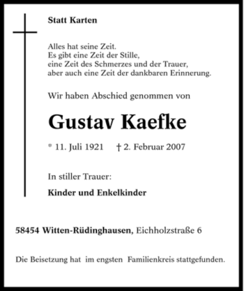 Traueranzeige von Gustav Kaefke von Tageszeitung