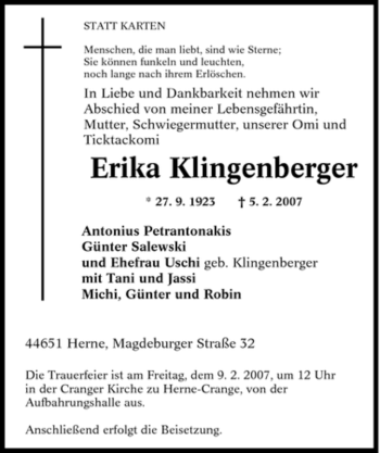 Traueranzeige von Erika Klingenberger von Tageszeitung
