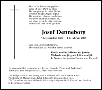Traueranzeige von Josef Denneborg von Tageszeitung