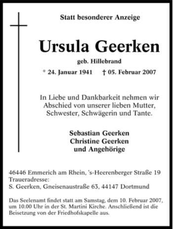Traueranzeige von Ursula Geerken von Tageszeitung