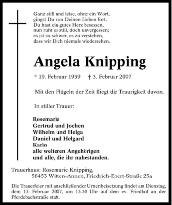 Traueranzeige von Angela Knipping von Tageszeitung