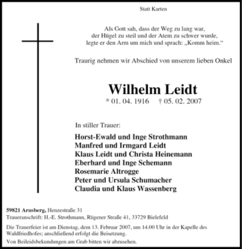 Traueranzeige von Wilhelm Leidt von Tageszeitung