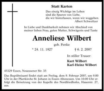 Traueranzeige von Anneliese Wilbert von Tageszeitung