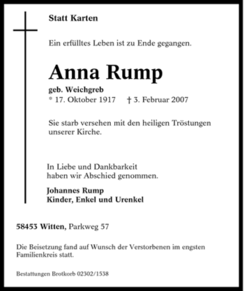 Traueranzeige von Anna Rump von Tageszeitung