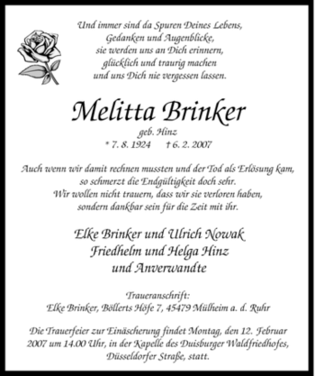 Traueranzeige von Melitta Brinker von Tageszeitung