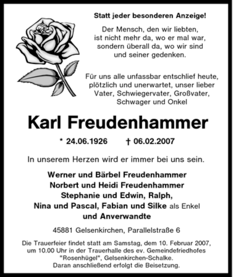  Traueranzeige für Karl Freudenhammer vom 08.02.2007 aus Tageszeitung