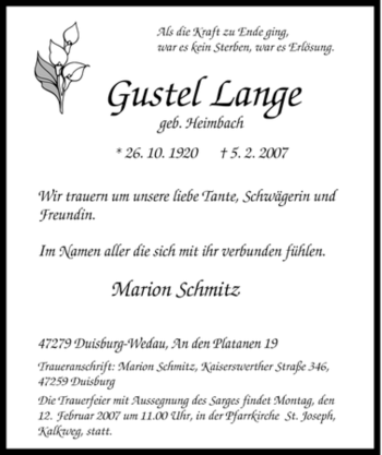 Traueranzeige von Gustel Lange von Tageszeitung